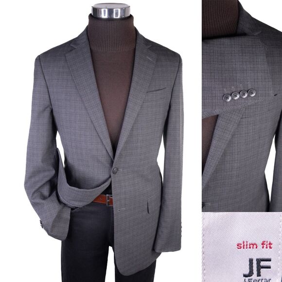 J.Ferrar Men's Sport Coat Blazer Two Button Charcoal Plaid Poly Blend Slim 42L - Picture 1 of 13